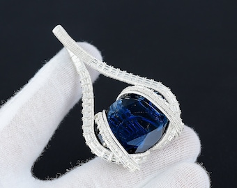 Blue Sapphire Gemstone Pendant Blue Sapphire Gemstone Wire Wrapped Pendant 925 Sterling Silver Pendant Christmas Jewelry Gift For Loved Ones