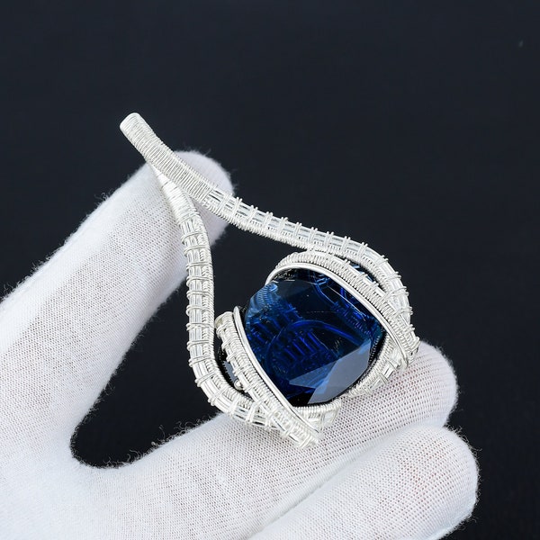 Blue Sapphire Gemstone Pendant Blue Sapphire Gemstone Wire Wrapped Pendant 925 Sterling Silver Pendant Christmas Jewelry Gift For Loved Ones