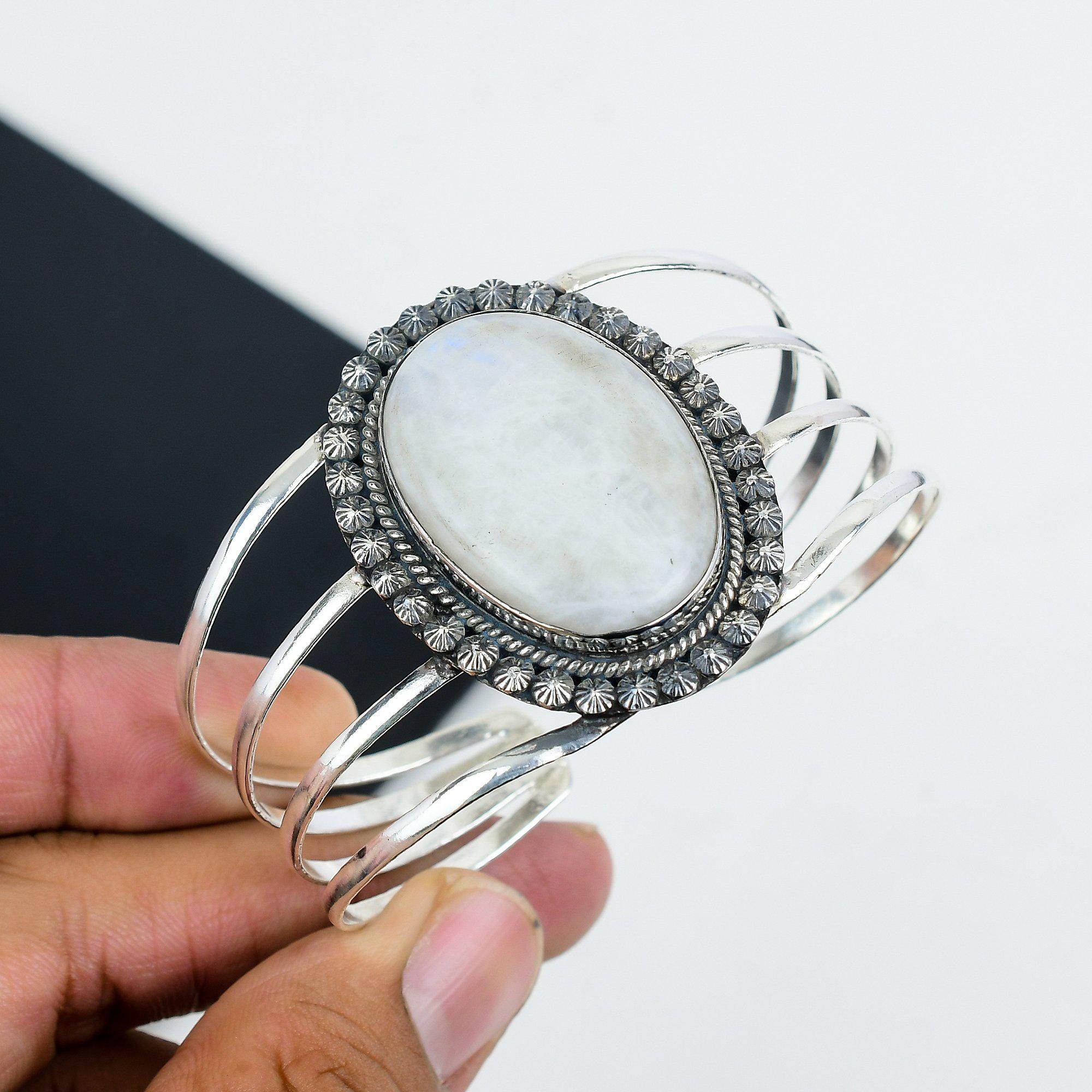 Moonstone 925 Sterling Silver Bangle , Vintage-Inspired Sterling White Silver Cuff Bracelet, Moonstone Gemstone Adjustable Bracelet For Gift