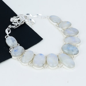 Rainbow Moonstone Natural Gemstone Necklace, Gemstone Handmade 925 Sterling Silver Jewelry, Blue Fire Moonstone Necklace For Women For her