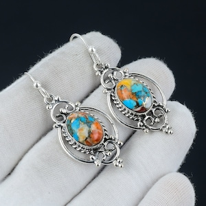 Orange Spiny Oyster Earring, Orange Spiny Oyster Oval Stone Earring, 925 Sterling Silver Earring, Spiny Gemstone Earring, Dangle Earring