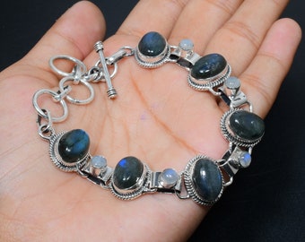 Labradorite With Moonstone Gemstone Bracelet Natural Gemstone 925 Sterling Silver Labradorite Natural Bracelet For Gift To Someone You Love