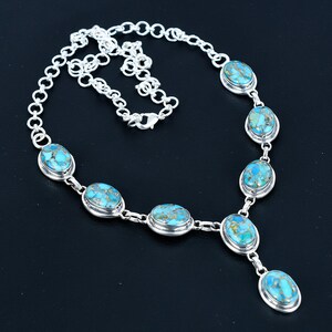 Blue Copper Turquoise Real Gemstone Sterling Bohemian Necklace | Blue Copper Real Gemstone 925 Sterling Silver Boho Necklace For Christmas
