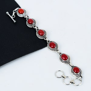 Pulsera de coral rojo natural, pulsera de plata de ley 925, pulsera hecha a mano, regalos de Acción de Gracias, regalos de Navidad, regalos para mujeres