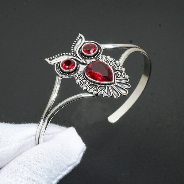 Red Garnet Gemstone Handmade Bangle, 925 Sterling Silver Bangle/Cuff, Red Garnet Multi Stone Cuff, Owl pattern Designer Bangle For Gifts