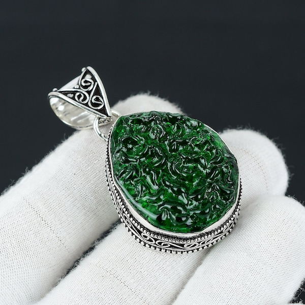 Green Moldavite Gemstone Necklace, Moldavite 925 Sterling Silver Jewelry Pendant, Pear Moldavite Antique Jewelry Necklace, Pendant For Gifts