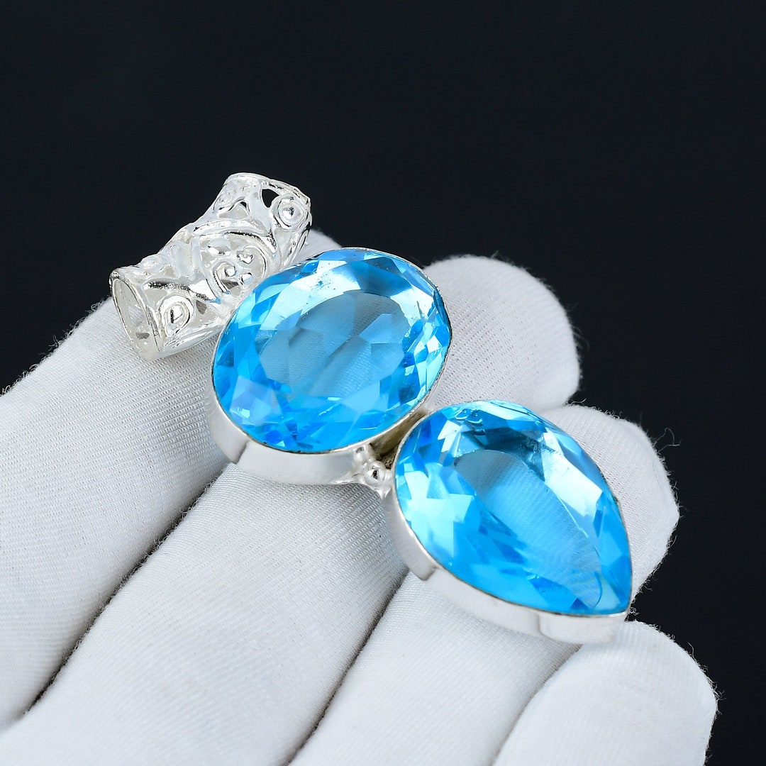Swiss Blue Topaz Gemstone Silver Antique Pendant, 925 Sterling Silver ...