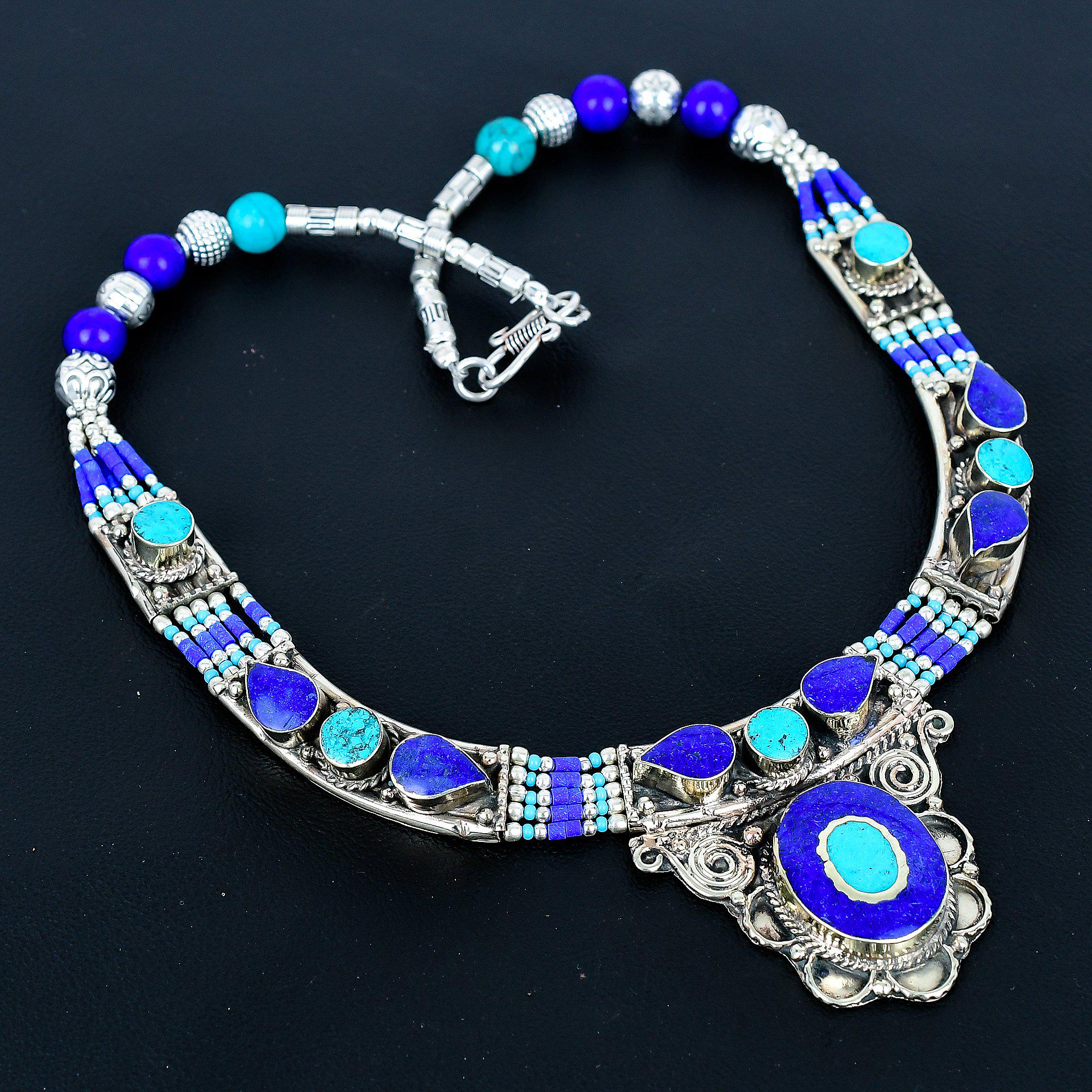 Z10076 Collana con moneta lapislazzuli blu naturale a 4 file da 19