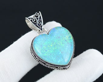 Blue Triplet Fire Opal Gemstone Handmade 925 Sterling Silver Antique Pendant, Heart Shape Handmade Bohemian Pendant, Thanksgiving Gift