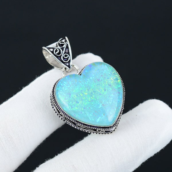 Blue Triplet Fire Opal Gemstone Handmade 925 Sterling Silver Antique Pendant, Heart Shape Handmade Bohemian Pendant, Thanksgiving Gift