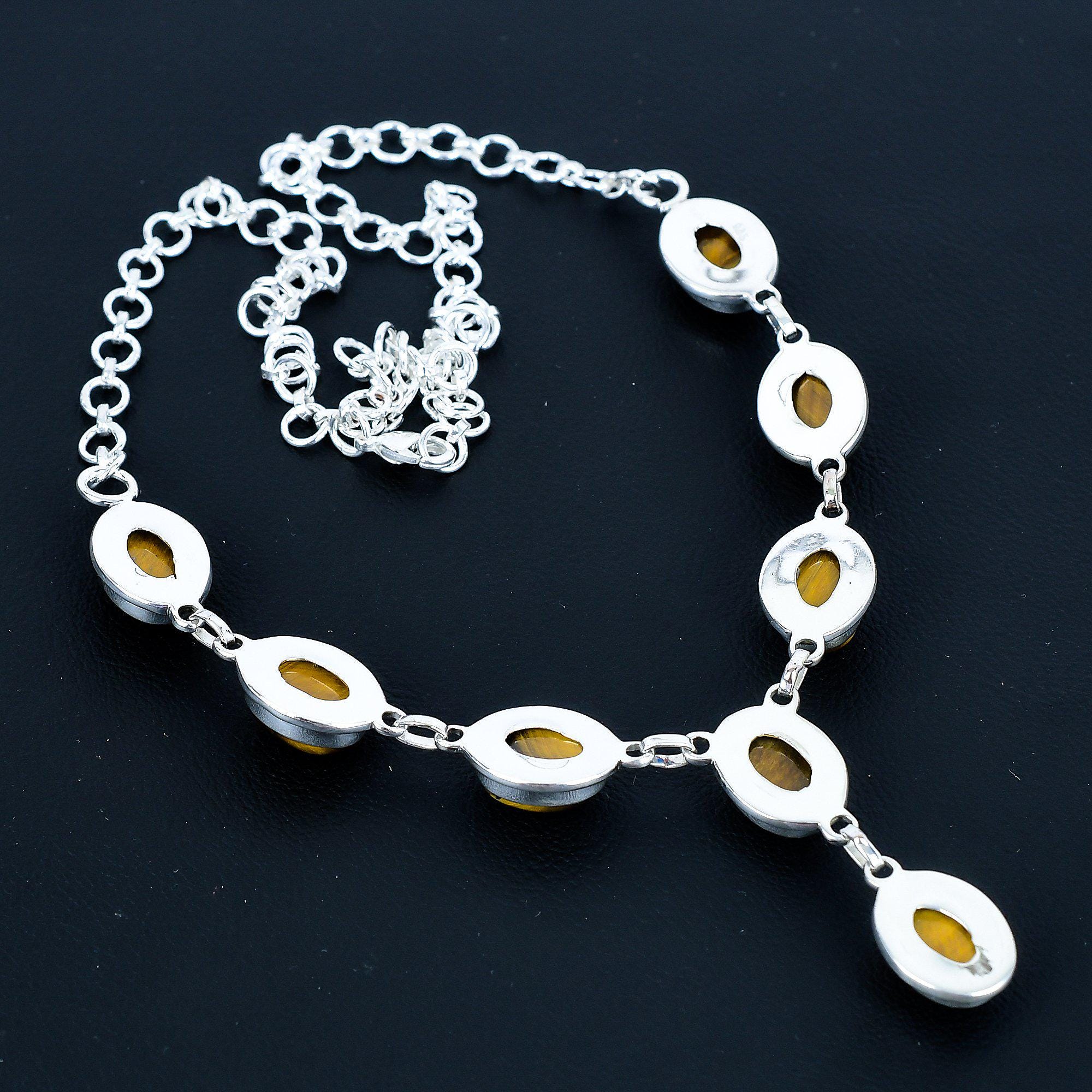 天然タイガーアイ宝石ネックレス 925スターリングシルバージュエリー