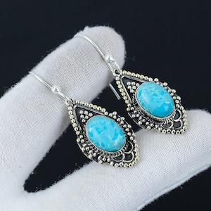 Natural Larimar Gemstone Earrings Minimalist Silver Earrings Handmade Earrings Larimar Gemstone Dangle/Drop Earrings Gift For Birthday