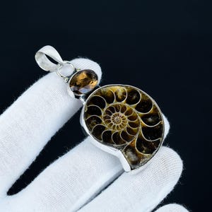 Ammonite Fossil Pendant with Smoky Topaz, 925 Sterling Silver Necklace, Ancient Fossil Jewelry Boho Crystal Gift, Unique Gift for Her or Him
