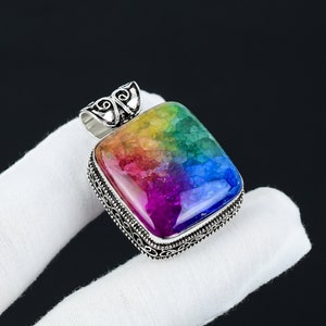 天然レインボーソーラークォーツ宝石ハンドメイド925スターリングシルバーアンティークペンダント、クッションハンドメイドボヘミアンペンダント、感謝祭ギフト