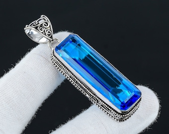 Long Swiss Blue Topaz Gemstone Silver Antique Pendant, 925 Sterling Silver Jewelry Pendant, Silver Topaz Jewelry, Pendant For Her, For Gifts