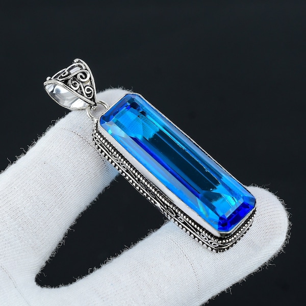 Long Swiss Blue Topaz Gemstone Silver Antique Pendant, 925 Sterling Silver Jewelry Pendant, Silver Topaz Jewelry, Pendant For Her, For Gifts