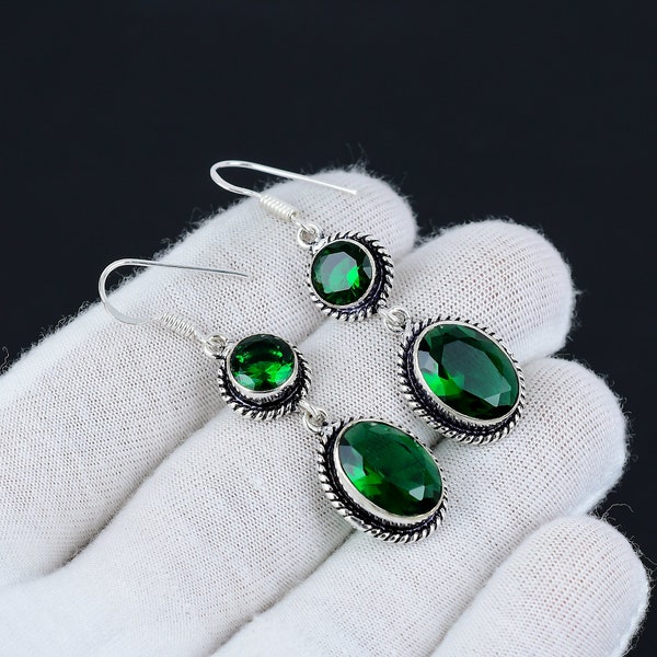 Boucle d'oreille en tourmaline verte, Boucle d'oreille en argent sterling 925 faite main, Boucle d'oreille bohème en argent, Cadeaux de Thanksgiving, Cadeaux de Noël, Boucle d'oreille pour femme