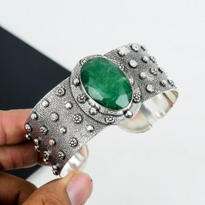 Emerald 925 Sterling Silver Bangle Bracelet, Textured Antique Handcrafted Design, Adjustable Fit, Unique Artisan Handmade Jewelry For Gifts