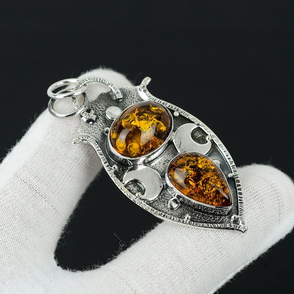 Baltic Amber Gemstone Pendant, Healing Pendant, 925 Sterling Silver Pendant, Double Gemstone Pendant, Lab Created Jewelry Pendant For Gift