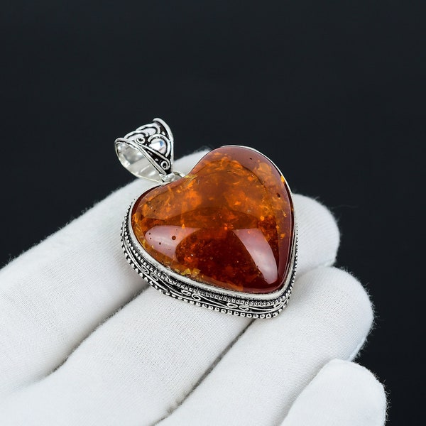 Amber Pendant Heart Shape Amber Pendant Amber 925 Sterling Silver Handmade Antique Amber Gemstone Jewelry Gift for Her Halloween Jewelry