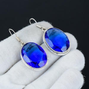 London Blue Topaz Earring, London Blue Topaz Silver Earring, Oval Earring, 925 Sterling Silver Earring, Gemstone Earring, Dangle Earring