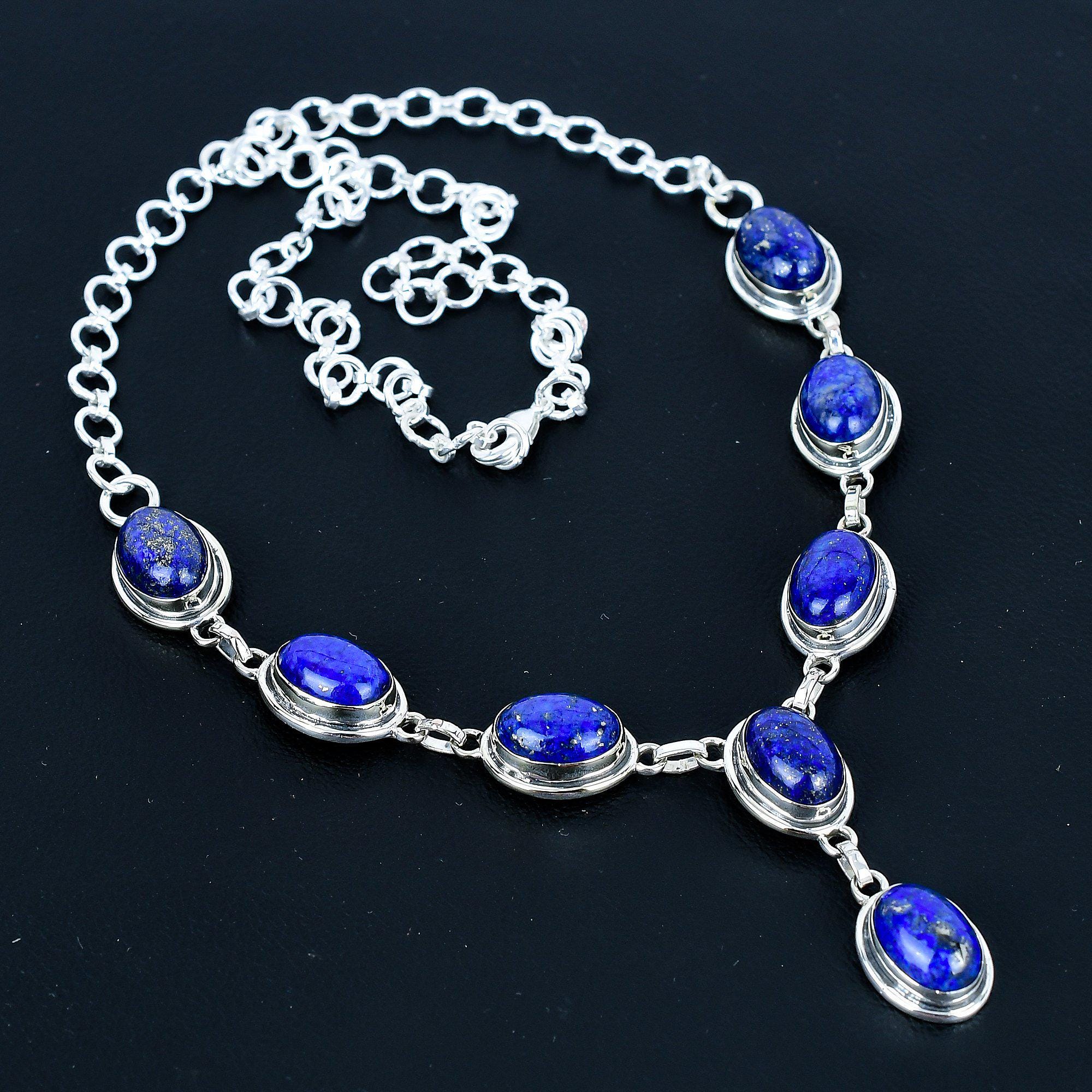 Natural Lapis Lazuli Gemstone Necklace 925 Sterling Silver Jewelry Lapis Lazuli Birthstone Necklace Bohemian Silver Necklace Gifts For Mom