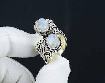 Flashy Moonstone Rings, 925 Sterling Silver Solid Rings, Boho Silver Moonstone Gemstone Rings, Silver Double Stone Bohemian Ring For Gift