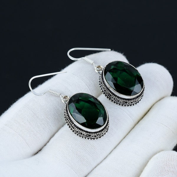 Boucle d'oreille en tourmaline verte, Boucle d'oreille en argent sterling 925, Boucle d'oreille en argent faite main, Boucle d'oreille ancienne, Tourmaline verte, Cadeaux pour mère