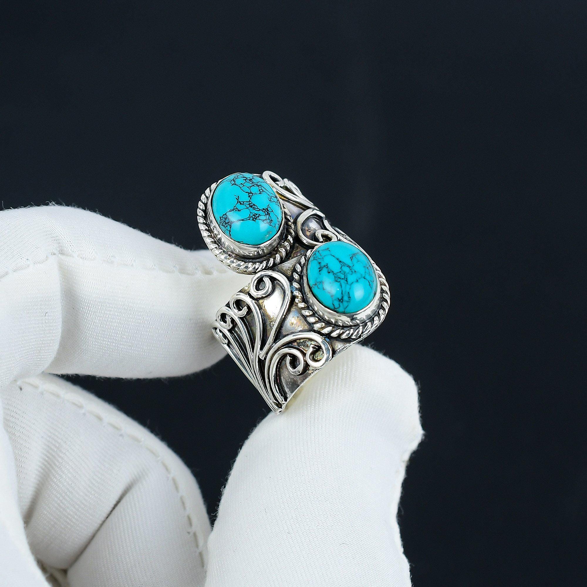 Turquoise Rings, 925 Sterling Silver Solid Rings, Boho Silver Turquoise Gemstone Rings, Turquoise Silver Double Stone Boho Ring For Gifts