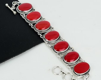 Hermosa pulsera de coral rojo hecha a mano en plata de ley 925, pulsera única, joyería bohemia para regalar, regalo de aniversario para el amor.