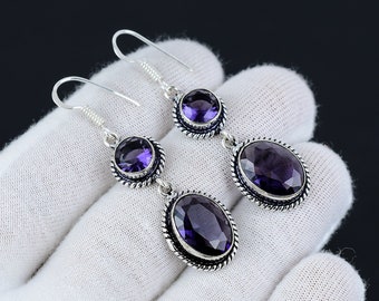 Boucle d’oreille améthyste, boucle d’oreille en argent sterling 925 faite à la main, boucle d’oreille en argent Boho, cadeaux de Thanksgiving, cadeaux de Noël, boucle d’oreille pour femmes