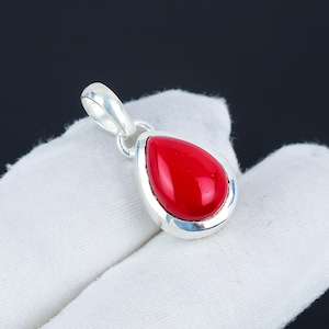 Natural Red Coral Gemstone Pendant, 925 Sterling Silver Jewelry, Handmade Pendant, Boho Jewelry, Pear Shape Pendant, Anniversary Gifts