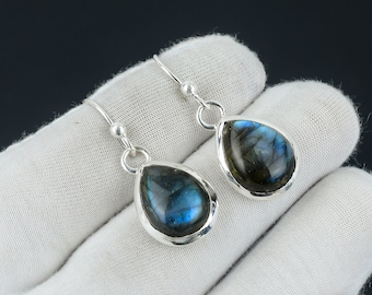 Blue Fire Labradorite Earring, 925 Sterling Silver Earring Beautiful Gemstone Cabochon Stone Earring Birthday Earring Gift For Her For Women