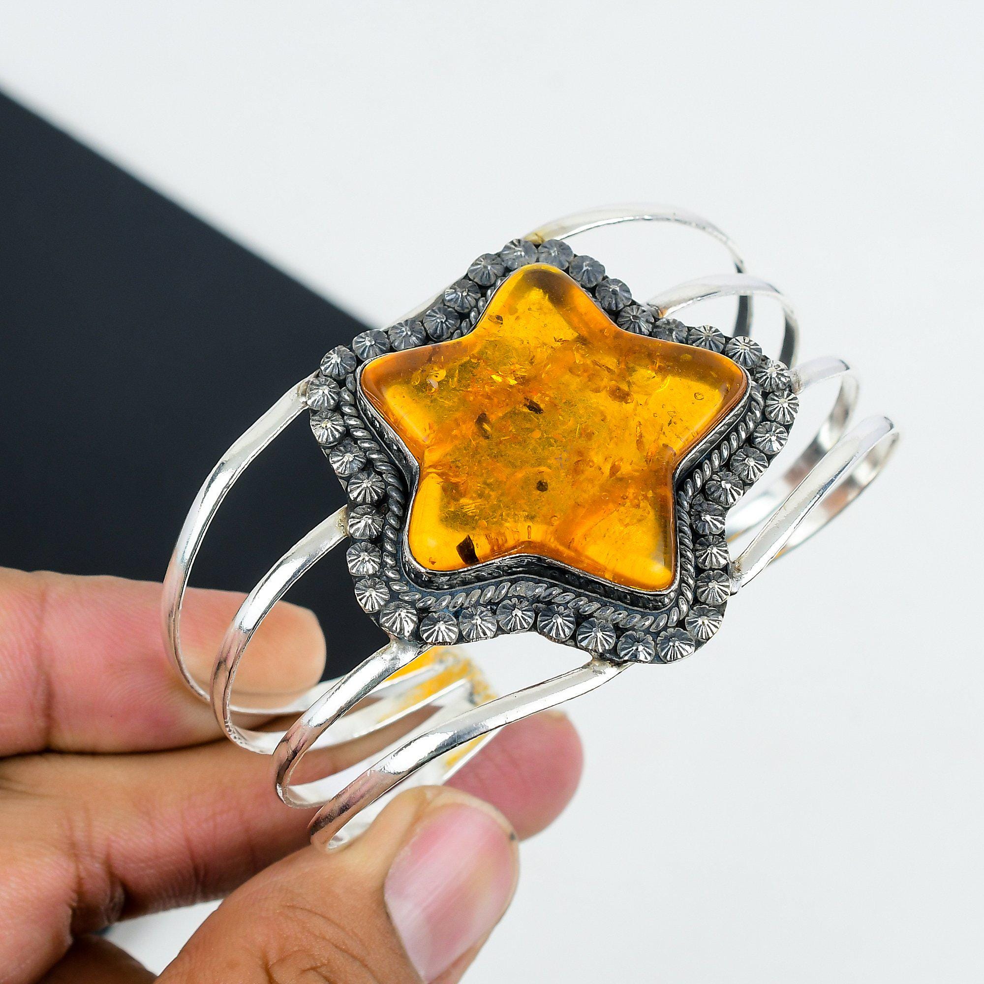Bracelet Ancien En Argent Massif 925 Avec Cabochons D'ambre Naturel - Bon état Général
