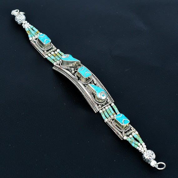 Turquoise 925 Sterling Silver Bracelet Tibetan Bracelet Handmade Bracelet Asian Nepal Jewelry Bohemian Statement Bracelet Baho Charm Jewelry