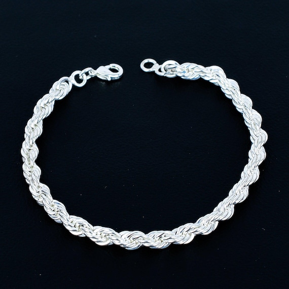 Chunky Sterling Silver Rope Chain Bracelet: Twisted Design, 5-10