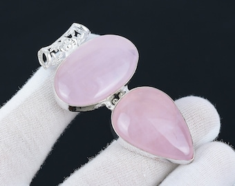 Colgante de plata de ley 925 hecho a mano con piedras preciosas de cuarzo rosa, joyería de cuarzo rosa natural, joyería hecha a mano de cuarzo rosa, regalos de agradecimiento