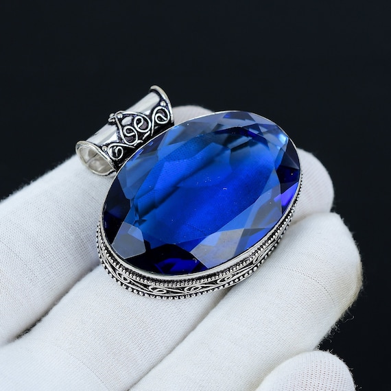 Pendentif En Argent 925 Avec Topaze Bleue De Londres - Pierre Ovale 2 Pierres, Fabriqué En Inde
