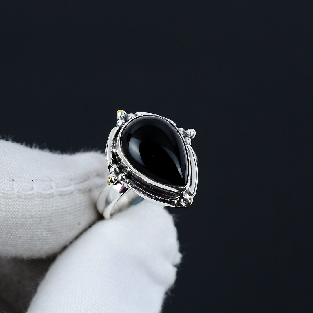 Black Onyx Teardrop Rings, 925 Sterling Silver Solid Rings, Boho Silver