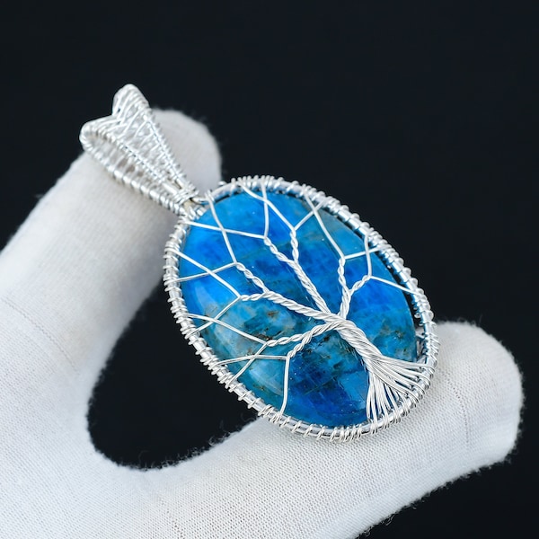 Neon Blue Apatite Pendant Oval Gemstone Handmade 925 Sterling Silver Pendant, Silver Wire Wrapped Jewelry, Wire Wrapped Tree Of Life Jewelry