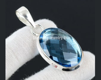 Swiss Blue Topaz Gemstone Pendant 925 Sterling Silver Jewelry Pendant Handmade Pendant Necklace Silver Necklace For Gift Blue Stone Pendant