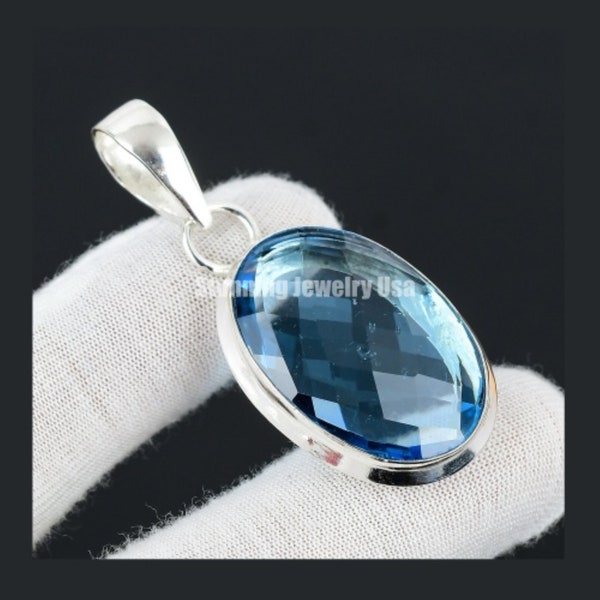 Swiss Blue Topaz Gemstone Pendant 925 Sterling Silver Jewelry Pendant Handmade Pendant Necklace Silver Necklace For Gift Blue Stone Pendant