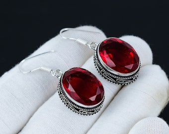 Pendiente de granate rojo, pendiente de plata de ley 925, pendiente hecho a mano, pendiente antiguo, piedra preciosa de granate rojo, regalos para la madre, joyas para ella