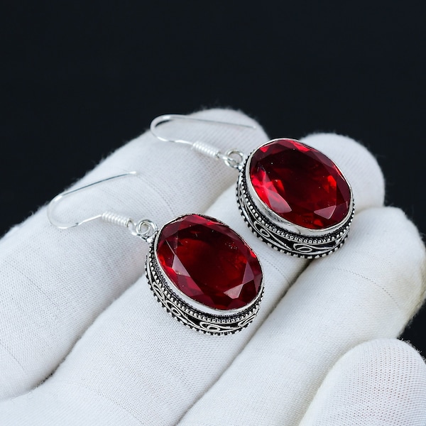 Red Garnet Earring, 925 Sterling Silver Earring, Handmade Earring, Antique Earring, Red Garnet Gemstone, Gifts For Mother, Jewelry For Her
