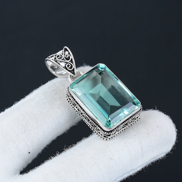 Aquamarine Gemstone Handmade 925 Sterling Silver Antique Pendant, Handmade Jewelry, Boho Silver Pendant, Thanksgiving Gifts, Christmas Gifts