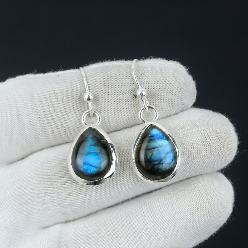 Blue Fire Labradorite Earring, 925 Sterling Silver Earring Beautiful Gemstone Cabochon Stone Earring Birthday Earring Gift For Her For Women image 2