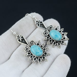 Natural Larimar Gemstone Earring, Larimar Oval Gemstone Earring 925 Sterling Silver Earring, Larimar Birthstone Earring Women&#39;s Earring