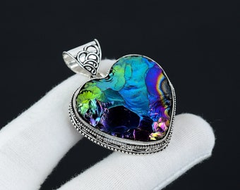 Peacock Aura Druzy Pendant Heart Shape Aura Druzy Pendant 925 Sterling Silver Handmade Antique Aura Druzy Gemstone Jewelry Gift for Her