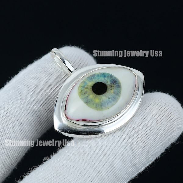 Ice Green Human Eye Gemstone Handmade 925 Sterling Silver Pendant, Ice Green Eye Color Pendant, Unisex Design Pendant For Gifts For Women