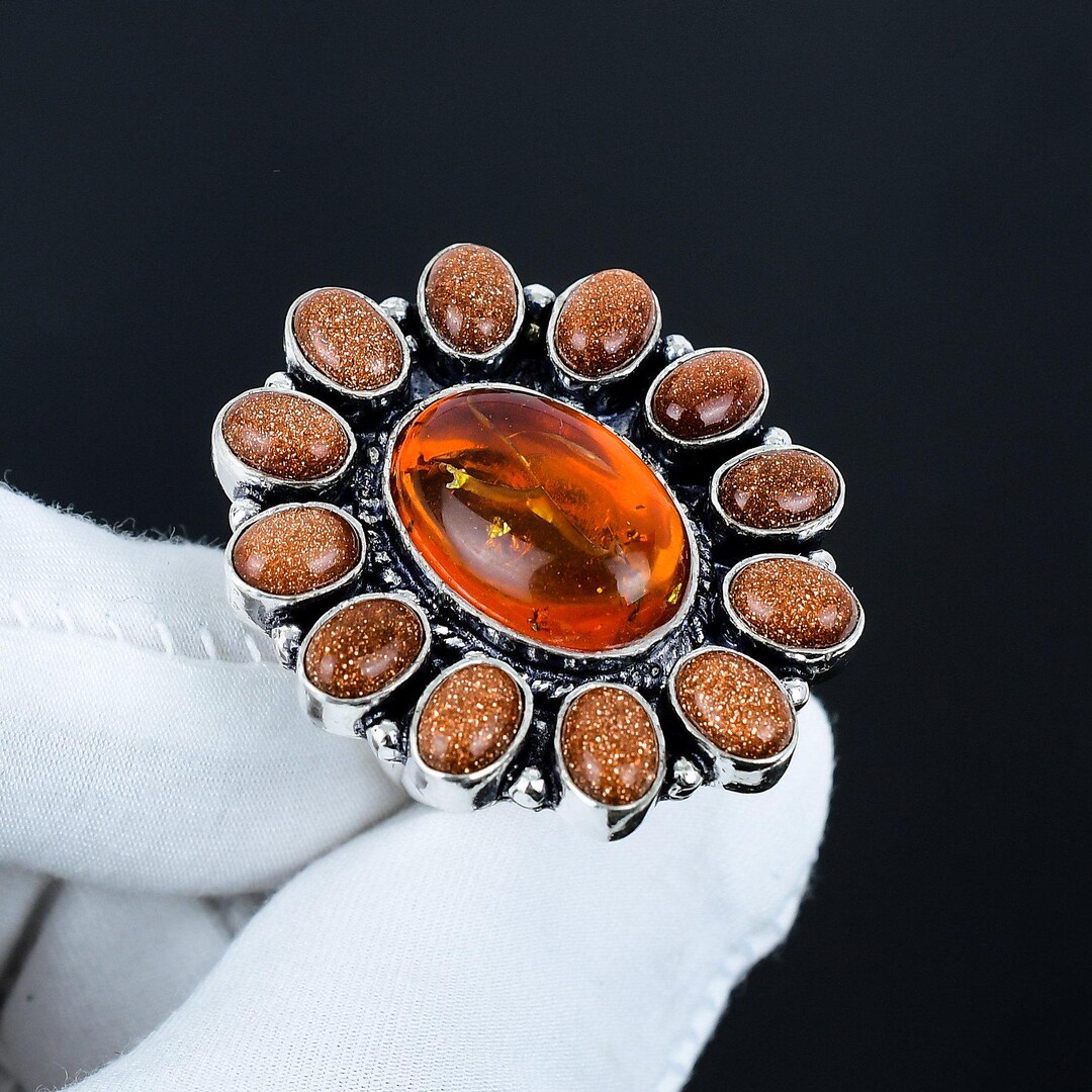 Beautiful Baltic Amber & Sunstone Ring, Handmade 925 Sterling Silver ...